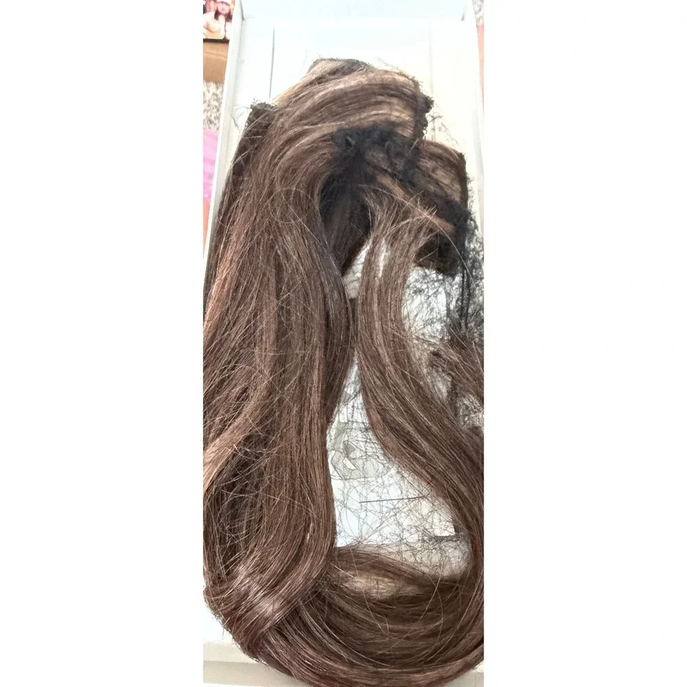 6pc Clip In Real Human Hair Extensions 14 Inch Dark Brown Blondish Highlights